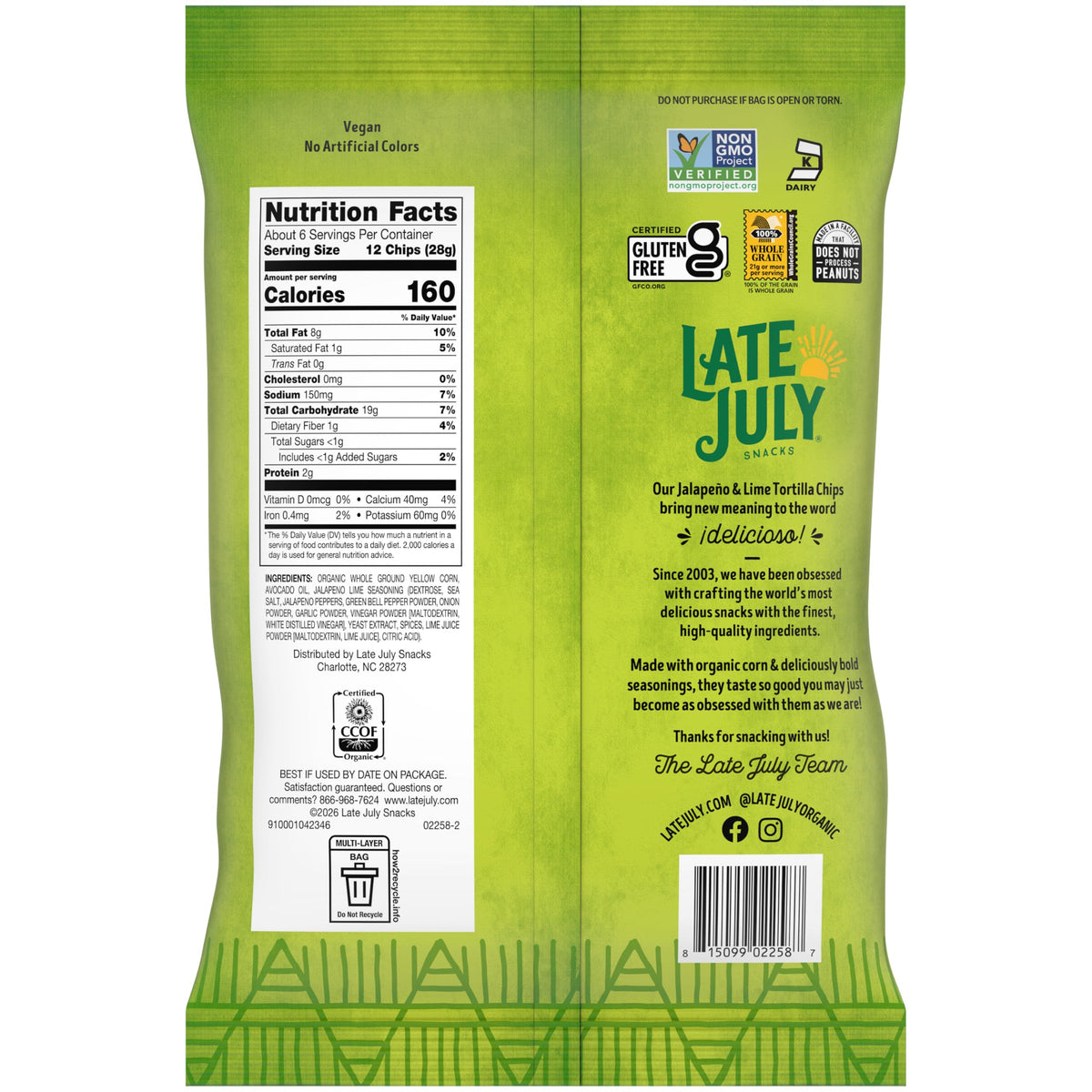 Late July Totopos Orgánicos Sabor Jalapeño y Limón 170 g