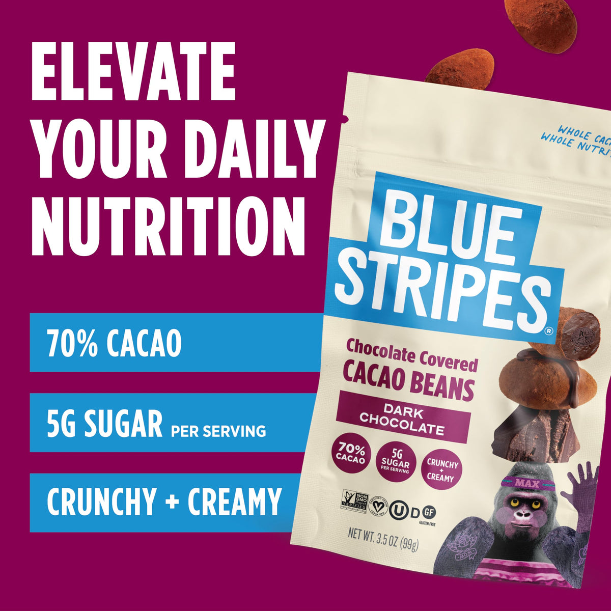 Blue Stripes Granos de Cacao Enteros Cubiertos de Chocolate Amargo 99 g