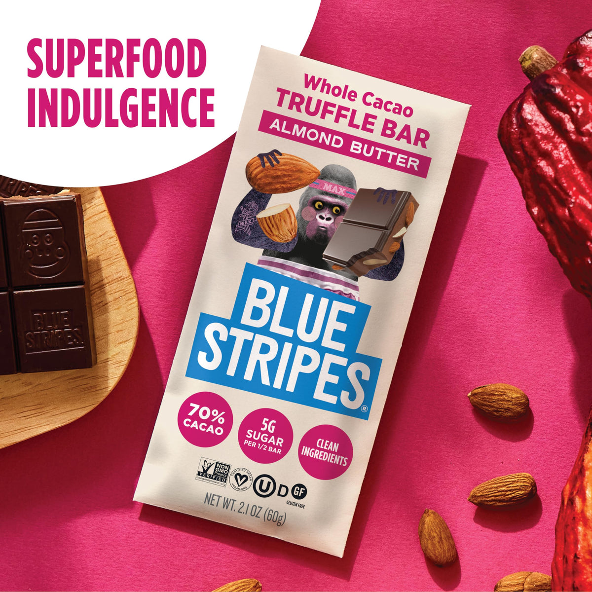Blue Stripes Barra de Chocolate Amargo con Crema de Almendra y Cacao Entero 60 g