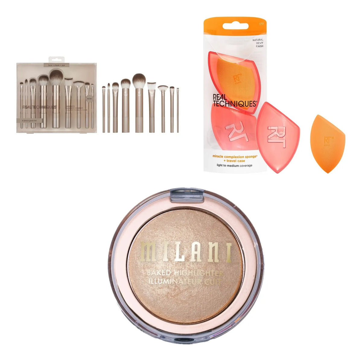 Kit Real Techniques 9 Brochas Esponja E Iluminador Milani