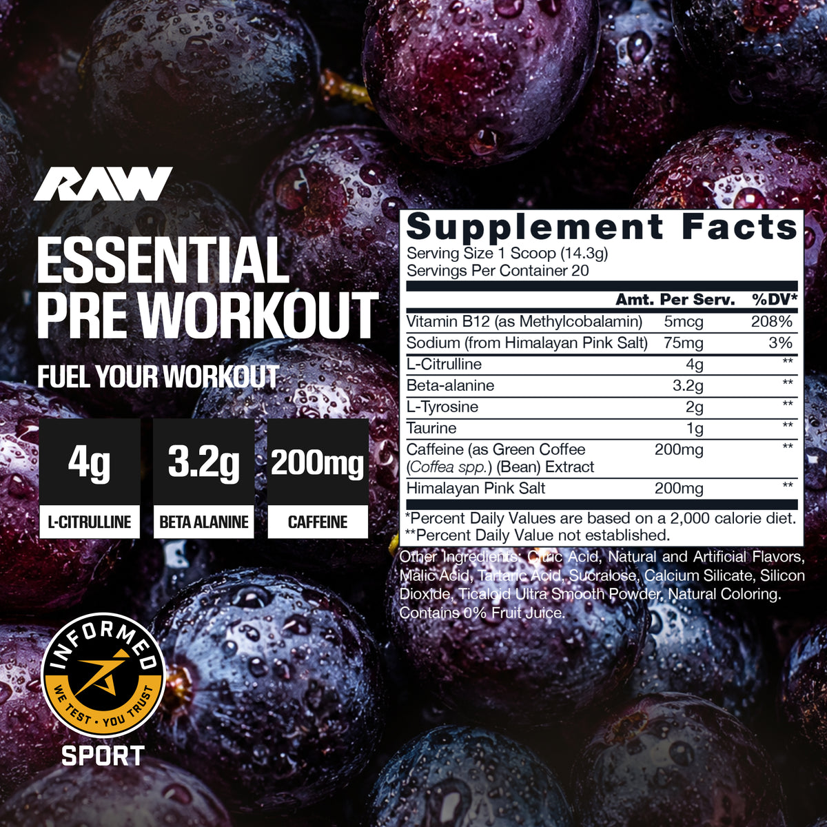 RAW Essential preentreno Sour Grape 20 porciones