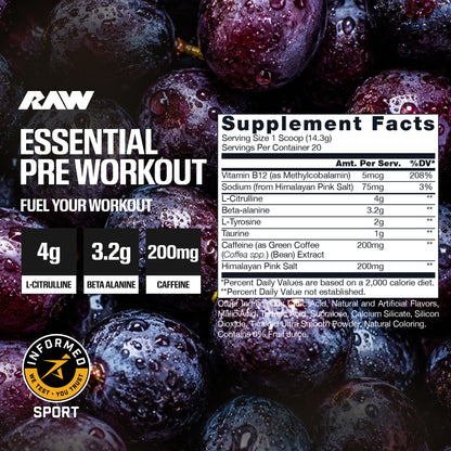 RAW Essential preentreno Sour Grape 20 porciones