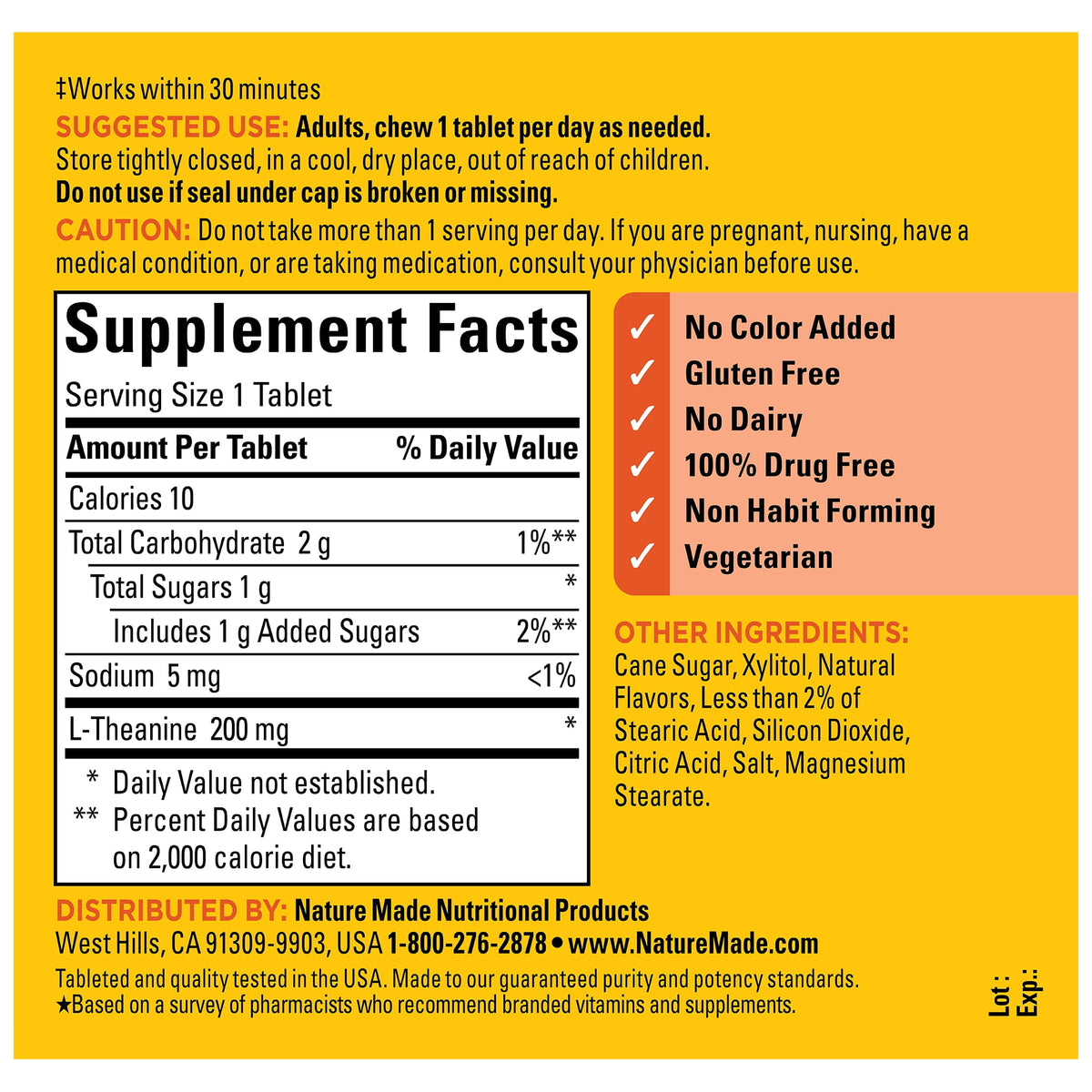 Nature Made L-Teanina 200 Mg 50 Tabletas Masticables