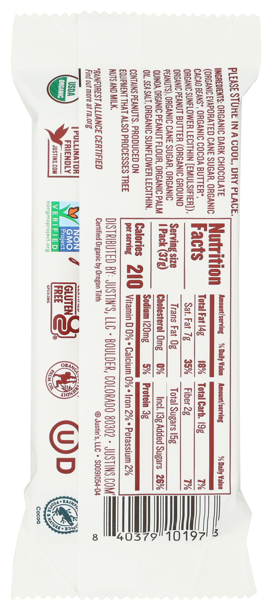Justin's Tazas de Chocolate Amargo Crujientes con Crema de Cacahuate Orgánicas 37 g