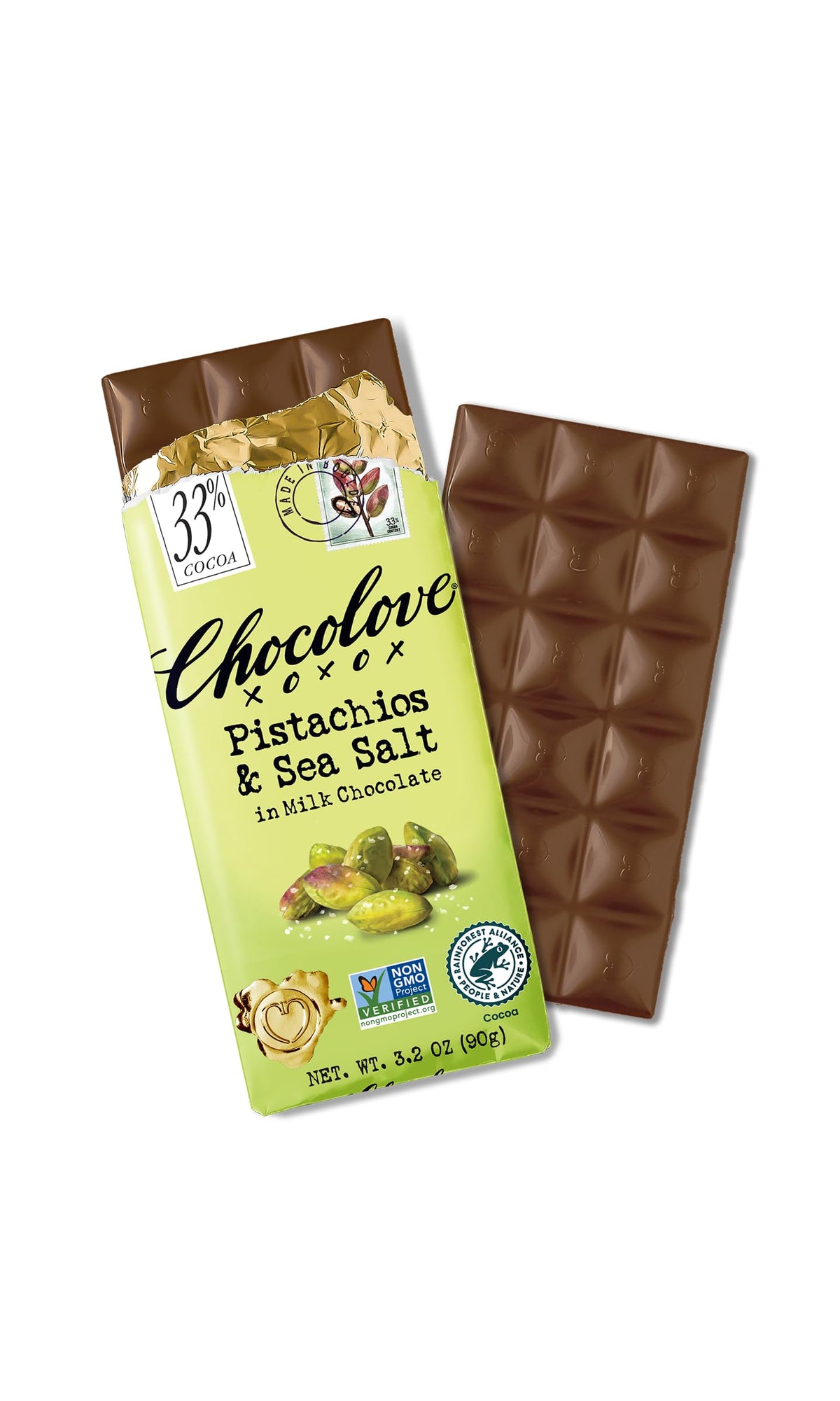 Chocolove Barra de Chocolate con Leche, Pistache y Sal de Mar 91 g