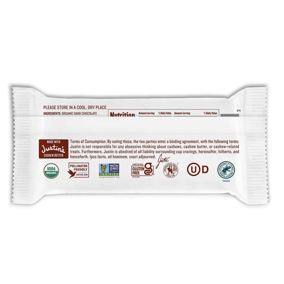 Justin's Taza de Chocolate Amargo con Crema de Nuez de La India Orgánica 40 g