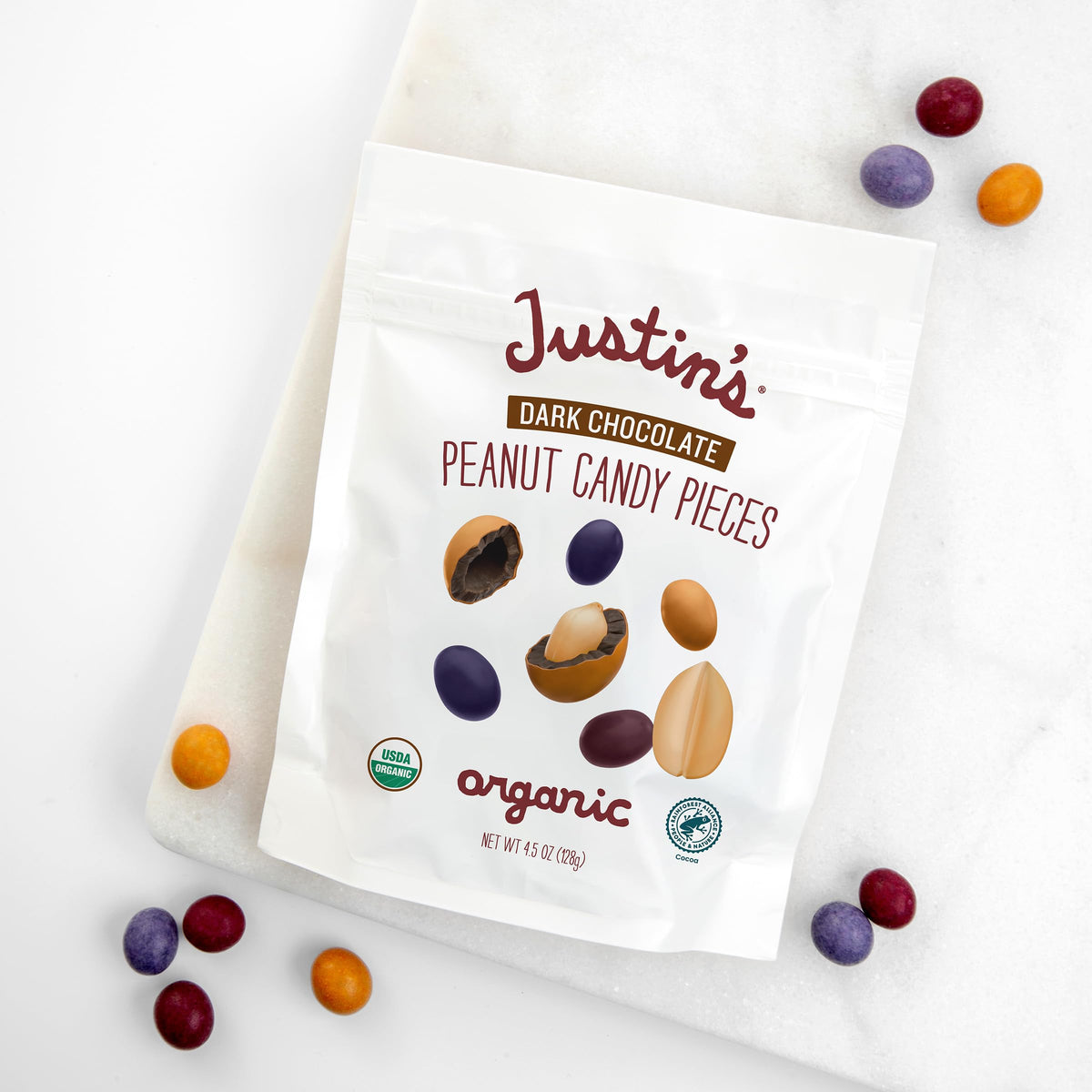 Justin's Cacahuates Cubiertos de Chocolate Amargo Orgánico 128 g