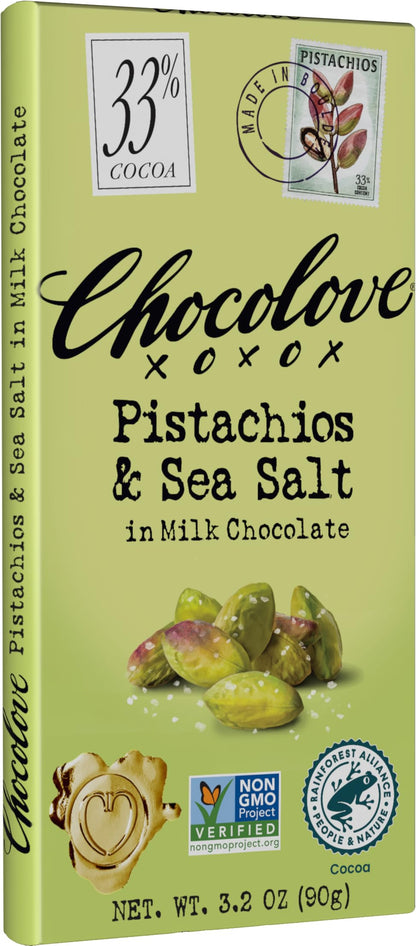 Chocolove Barra de Chocolate con Leche, Pistache y Sal de Mar 91 g