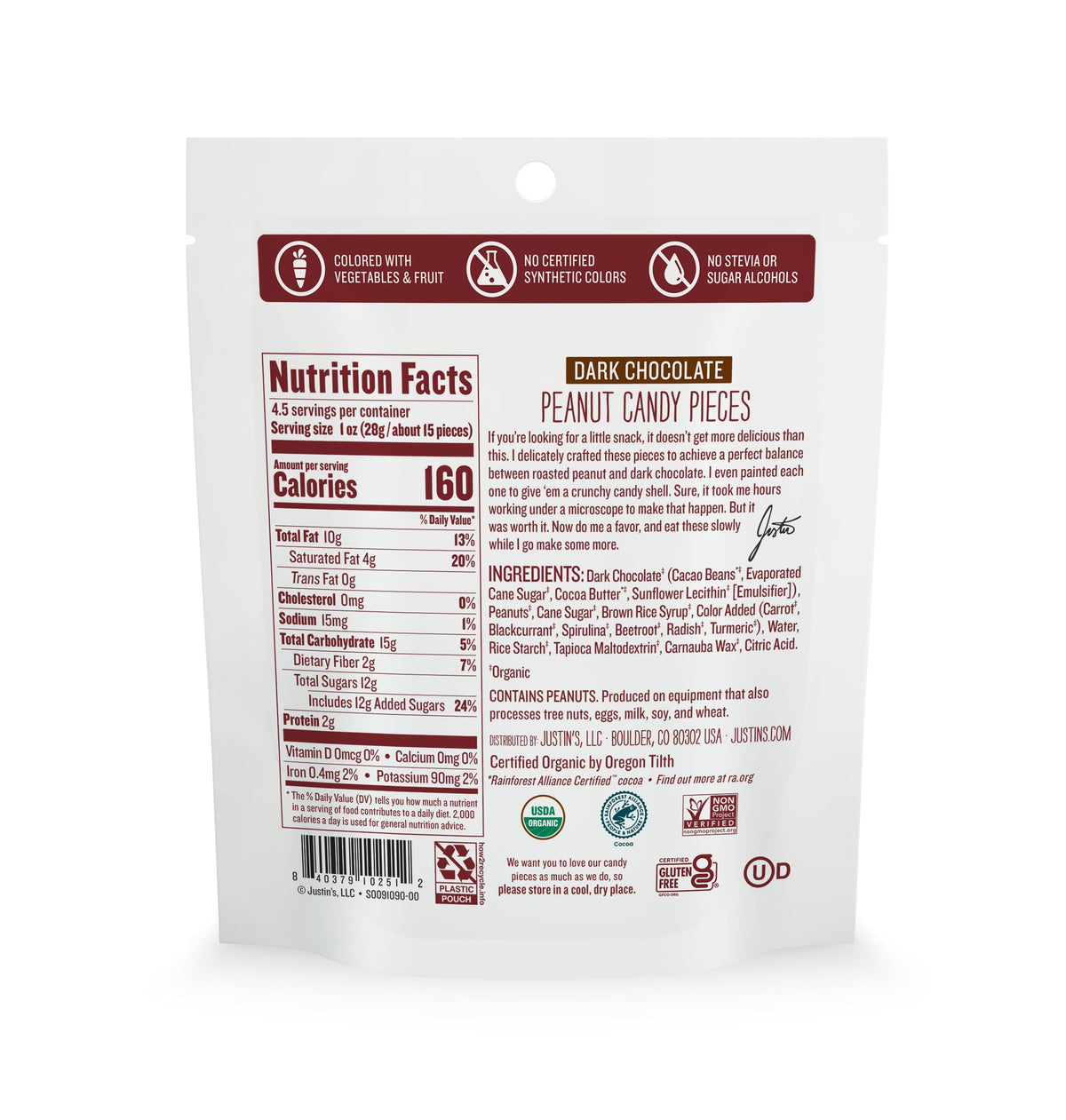 Justin's Cacahuates Cubiertos de Chocolate Amargo Orgánico 128 g
