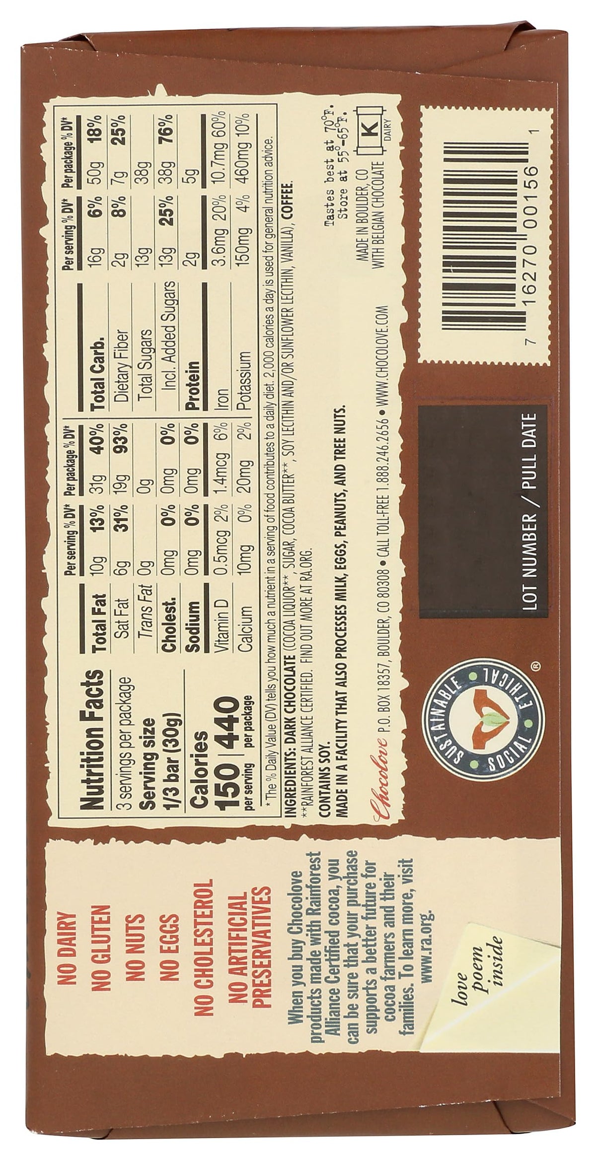 Chocolove Barra de Chocolate Amargo con Café Crujiente 91 g