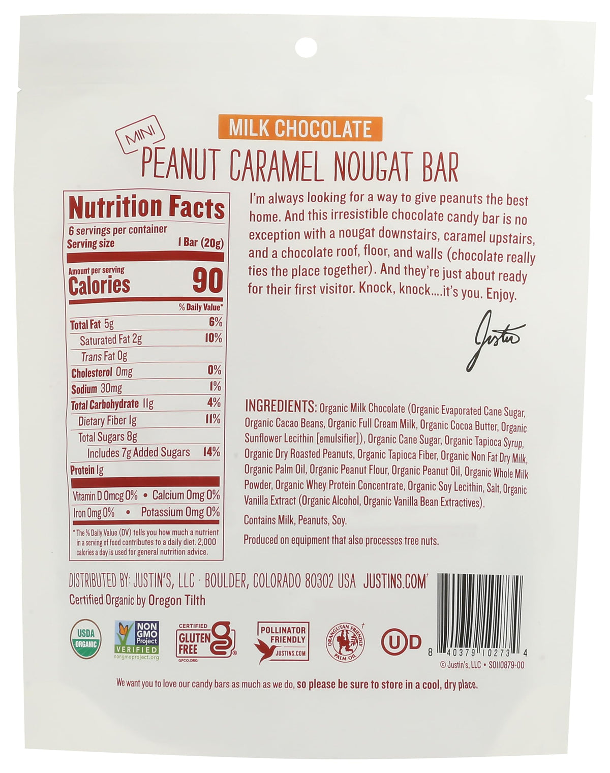 Justin's Barritas de Chocolate con Leche, Cacahuate y Caramelo Orgánicas 119 g