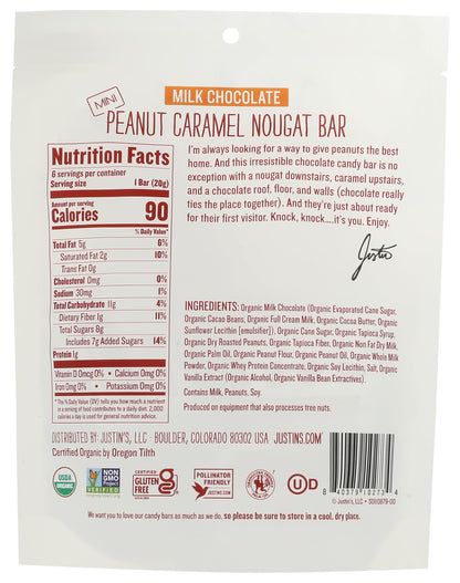 Justin's Barritas de Chocolate con Leche, Cacahuate y Caramelo Orgánicas 119 g