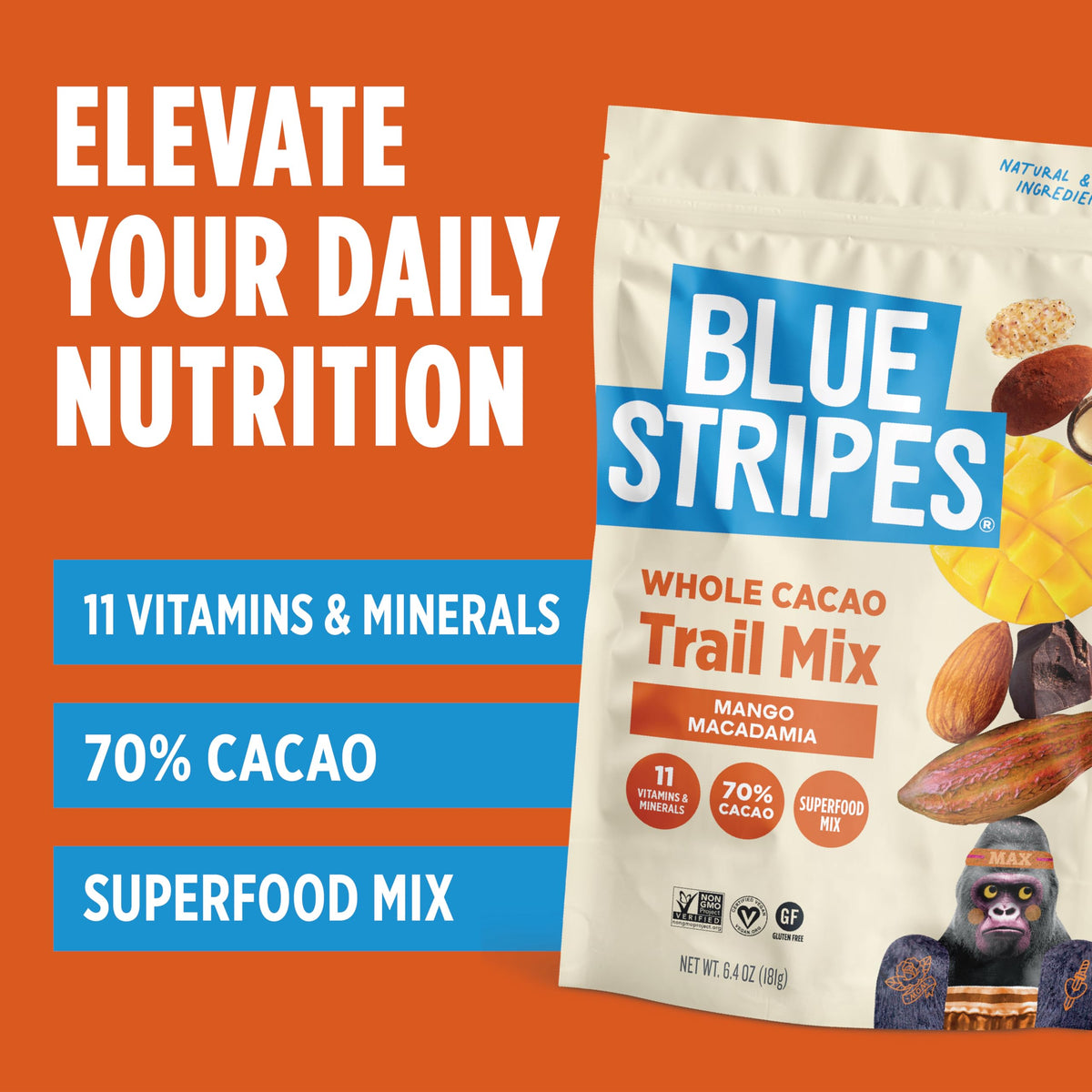Blue Stripes Mezcla de Frutos Secos Mango, Macadamia y Cacao 181 g