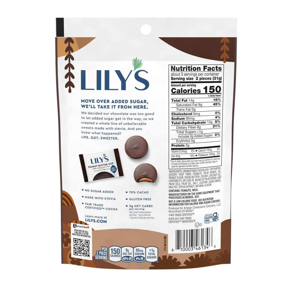 Lily's Tazas de Chocolate Amargo con Crema de Cacahuate Sin Azúcar Añadida 91 g