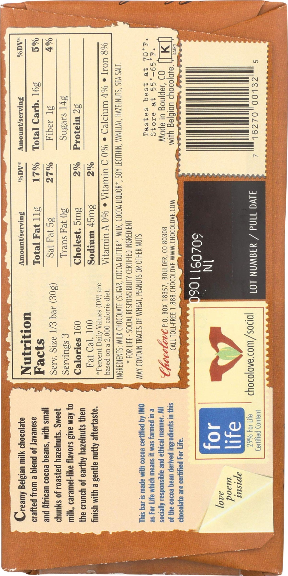 Chocolove Barra de Chocolate con Leche y Avellana 91 g