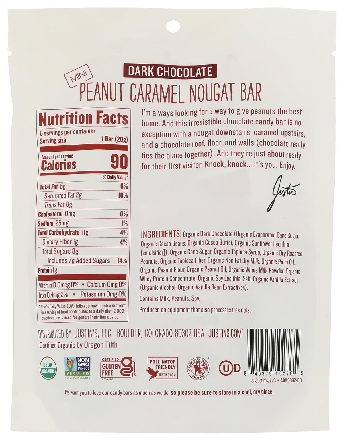Justin's Barritas de Chocolate Amargo, Cacahuate y Caramelo Orgánicas 119 g