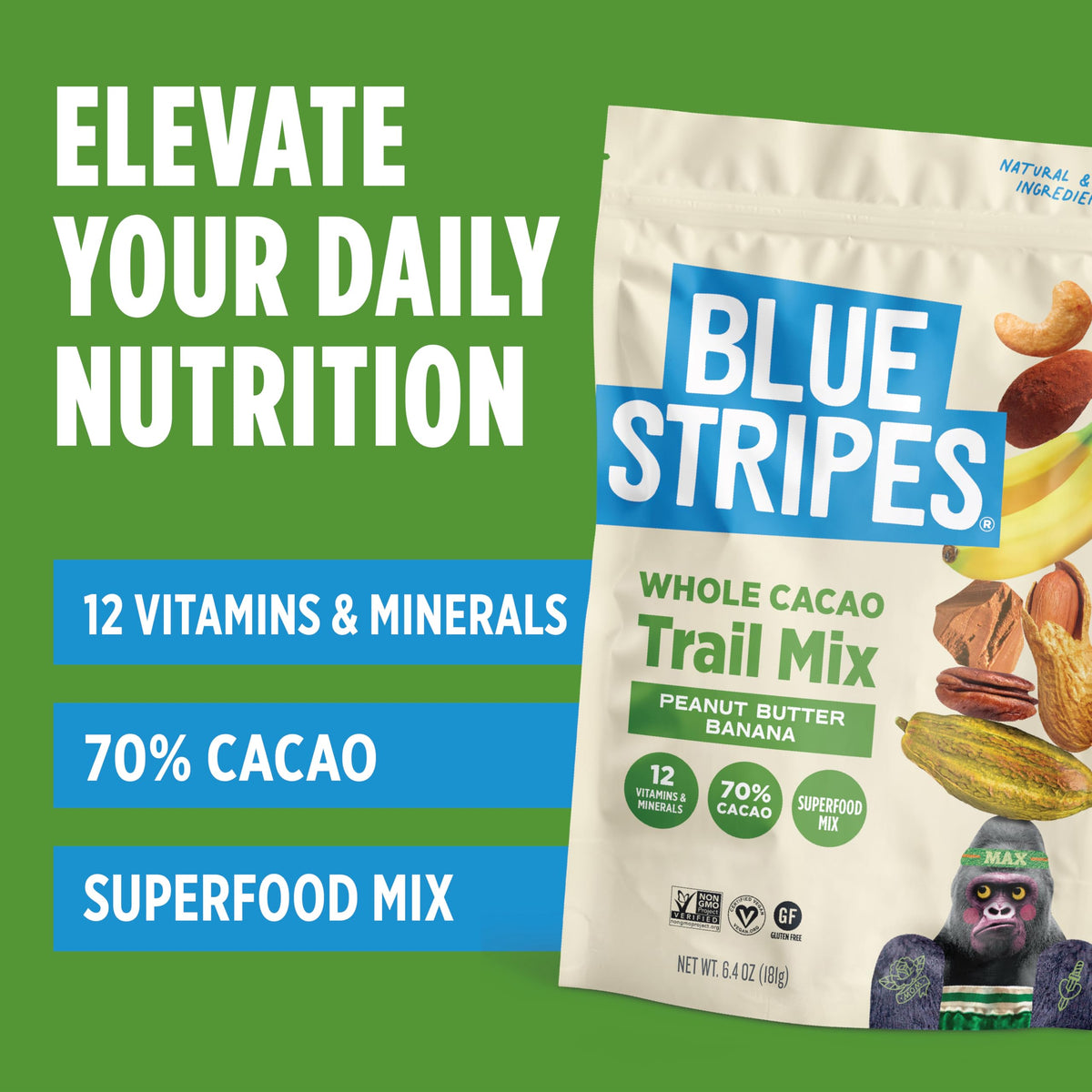 Blue Stripes Mezcla de Frutos Secos Crema de Cacahuate, Plátano y Cacao 181 g