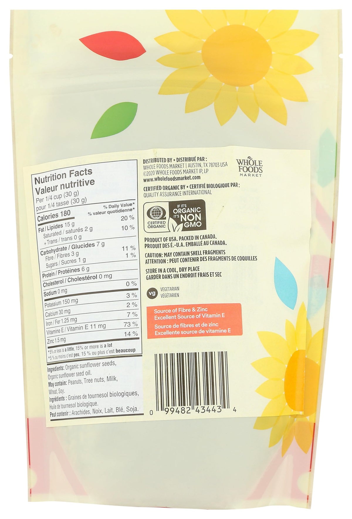 365 Semillas de Girasol Orgánicas Tostadas Sin Sal 340 g
