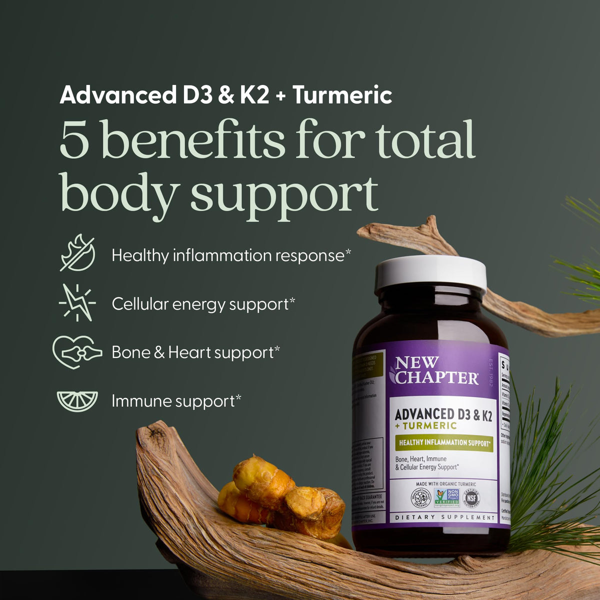 New Chapter Vitamina D3 y K2 con Cúrcuma Orgánica 30 Tabletas