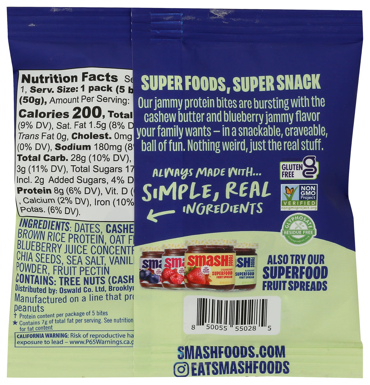 Smash Bocaditos Superfood Crema de Nuez de La India y Mermelada de Mora Azul 51 g
