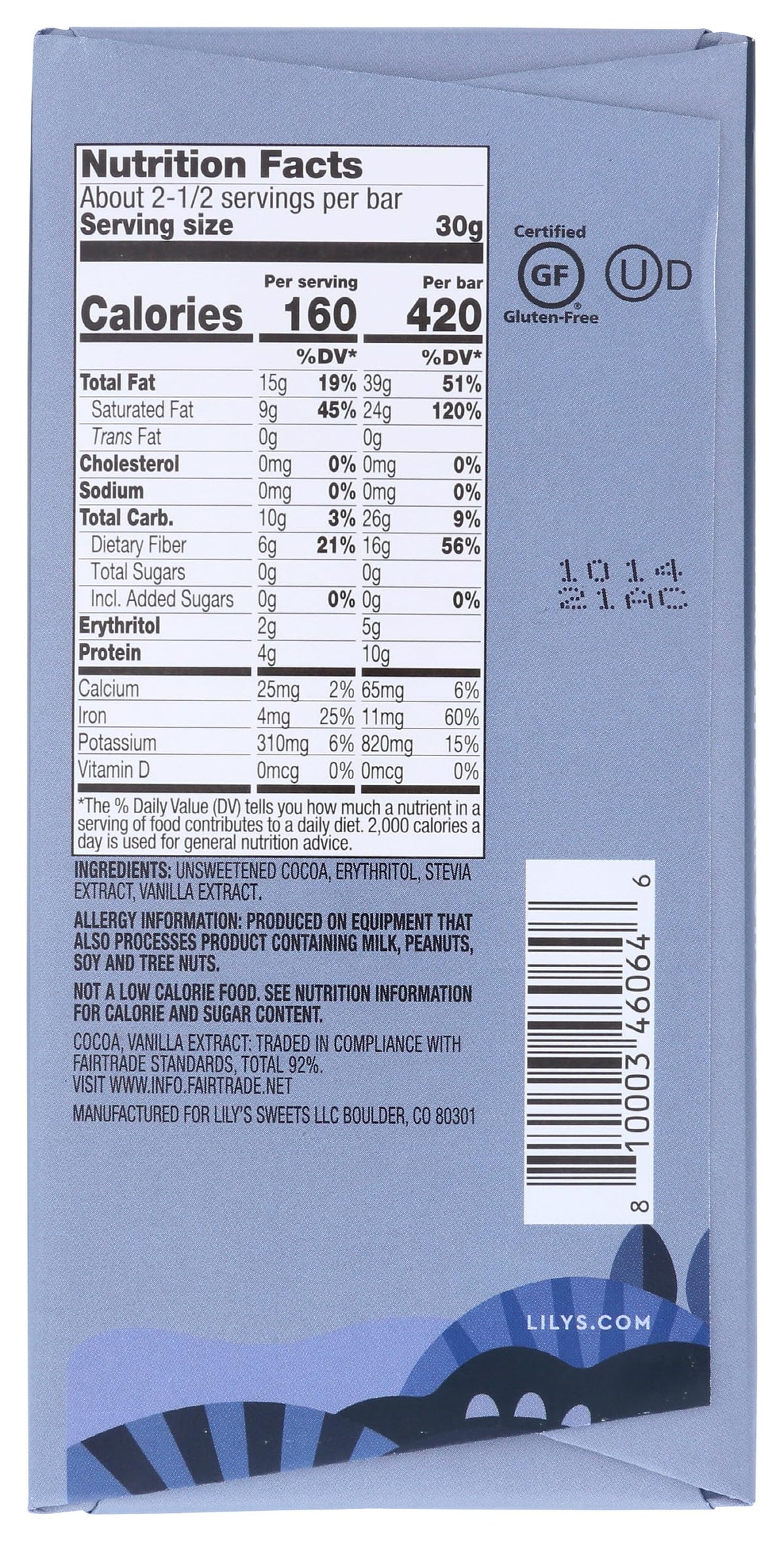Lily's Chocolate Amargo Endulzado con Stevia 79 g