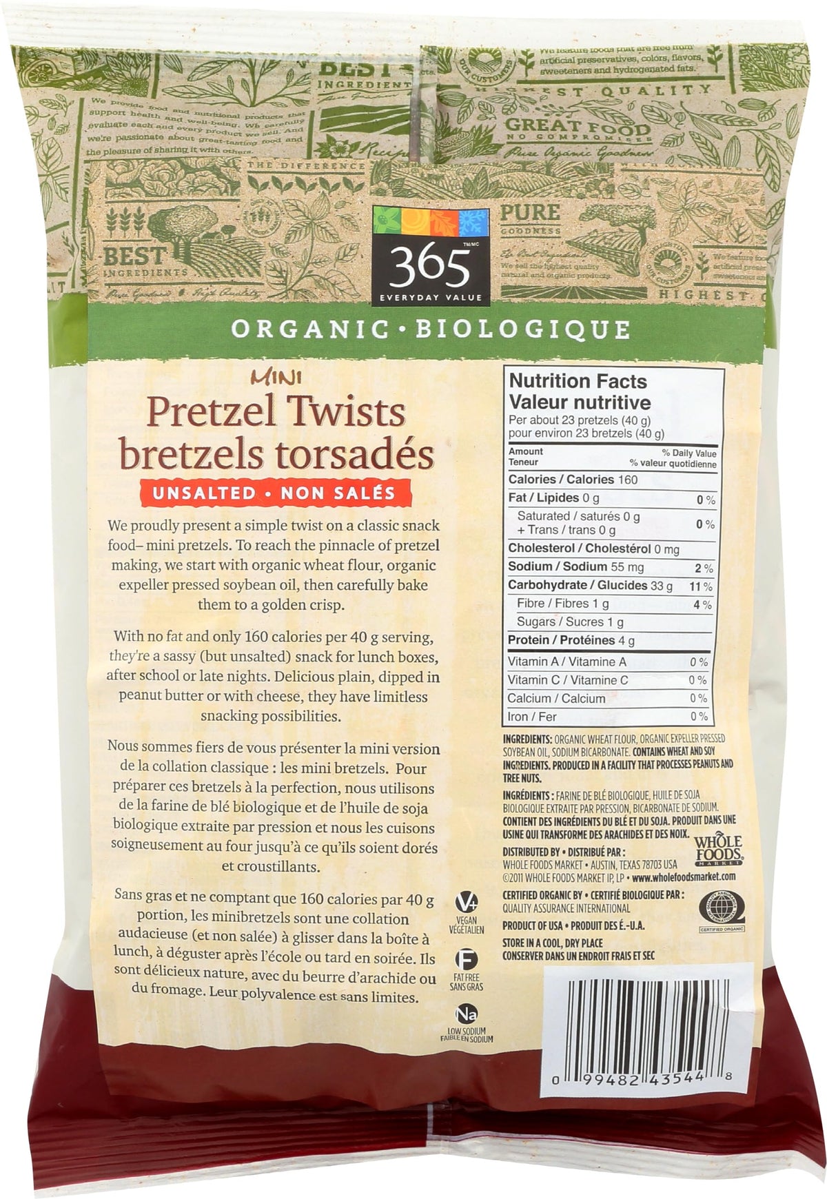 365 Mini Pretzels Torcidos Orgánicos Sin Sal 227 g
