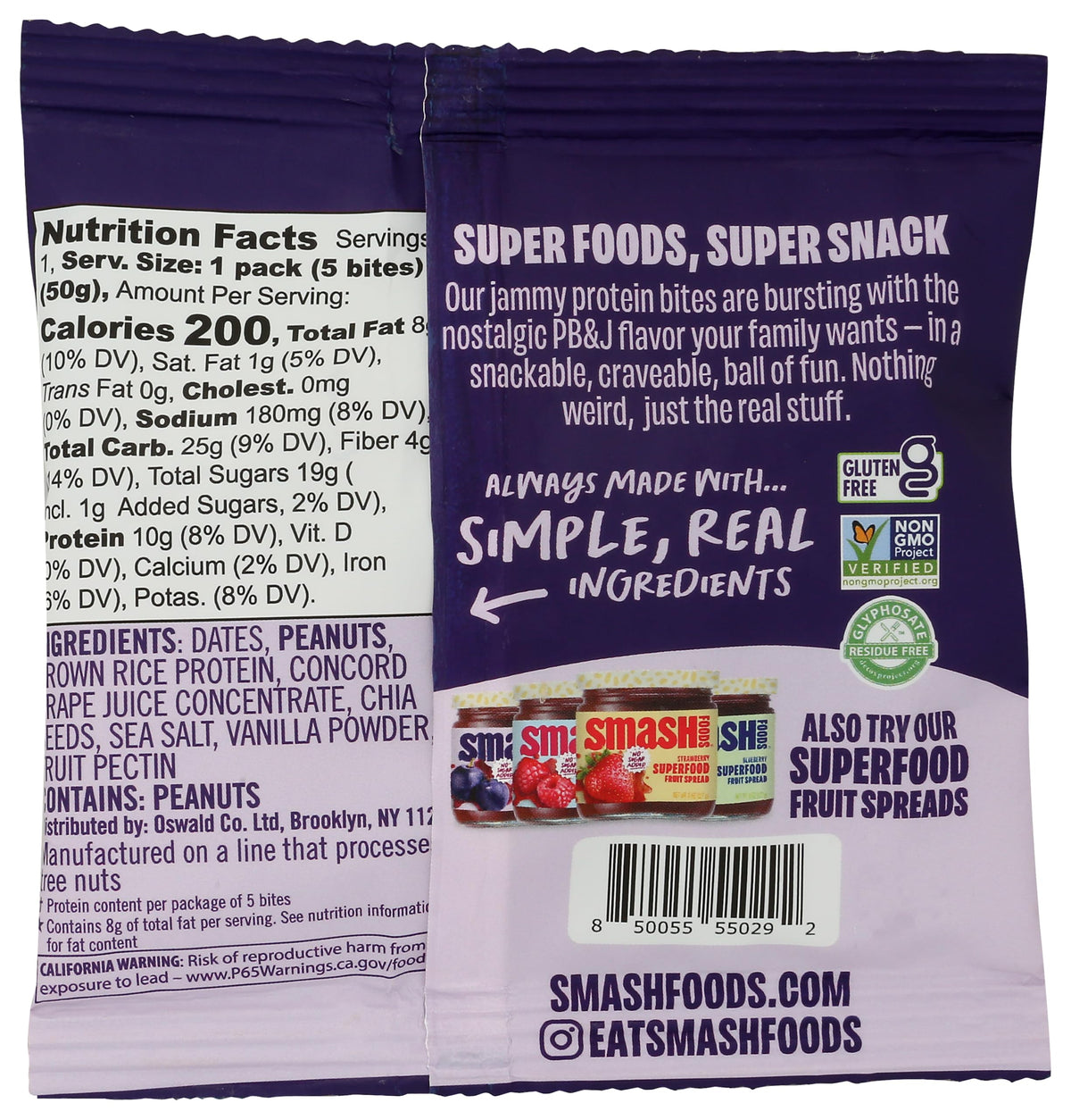 Smash Bocaditos Superfood Crema de Cacahuate y Mermelada de Uva 51 g