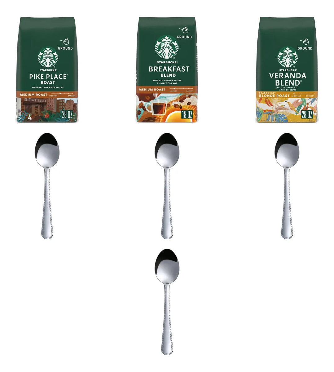 Kit Starbucks 3 Cafes Molidos Y 4 Cucharitas De Acero