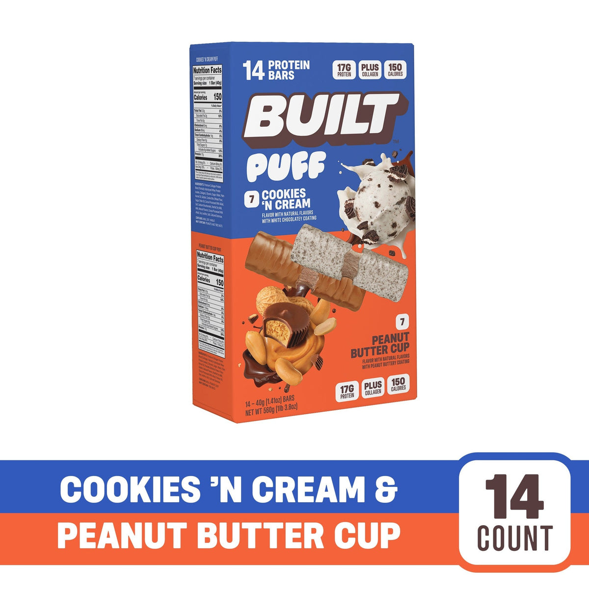 Built Barras De Proteína Surtidas Cookies 'N Cream Y Peanut Butter Cup