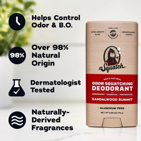 Dr. Squatch Mens Aluminum Free Deodorant, Natural Deodorant for Men, Sandalwood Summit, 2.65 Oz
