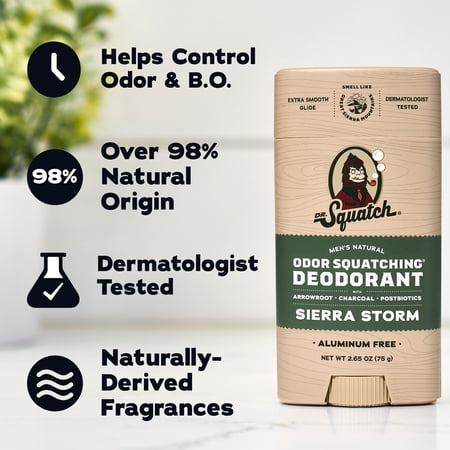 Dr. Squatch Mens Aluminum Free Deodorant, Natural Deodorant for Men, Sierra Storm, 2.65 Oz